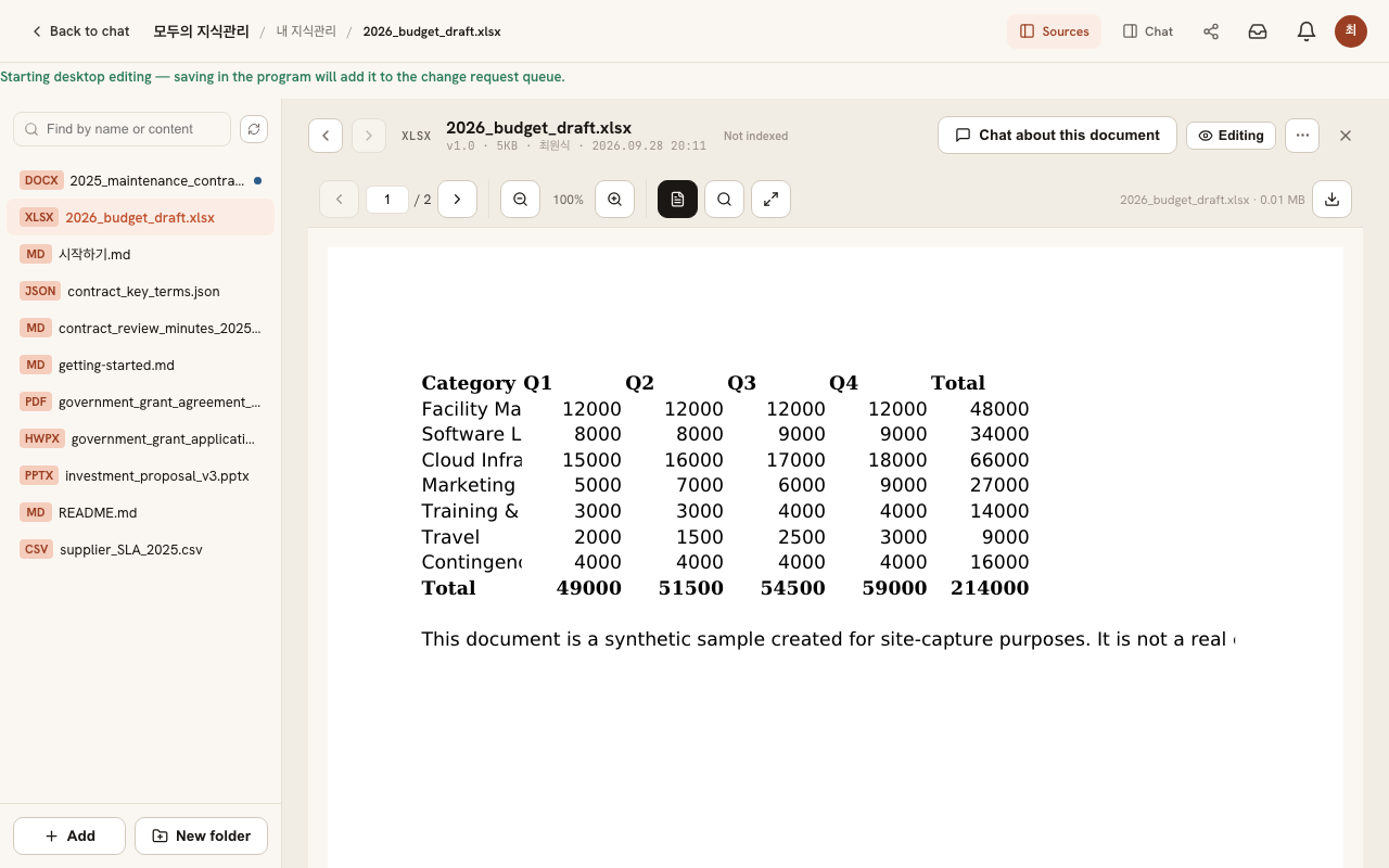 Screen right after clicking Edit on a Word document: a message reads 'Starting desktop editing. Saving in the app uploads it as a draft' alongside an 'editing' indicator
