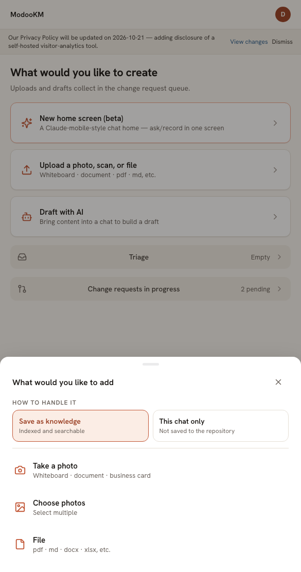 Mobile capture screen: options for 'take a photo, add a photo, or upload a file (whiteboard, paperwork, PDF, MD, etc.)' and 'draft with AI'
