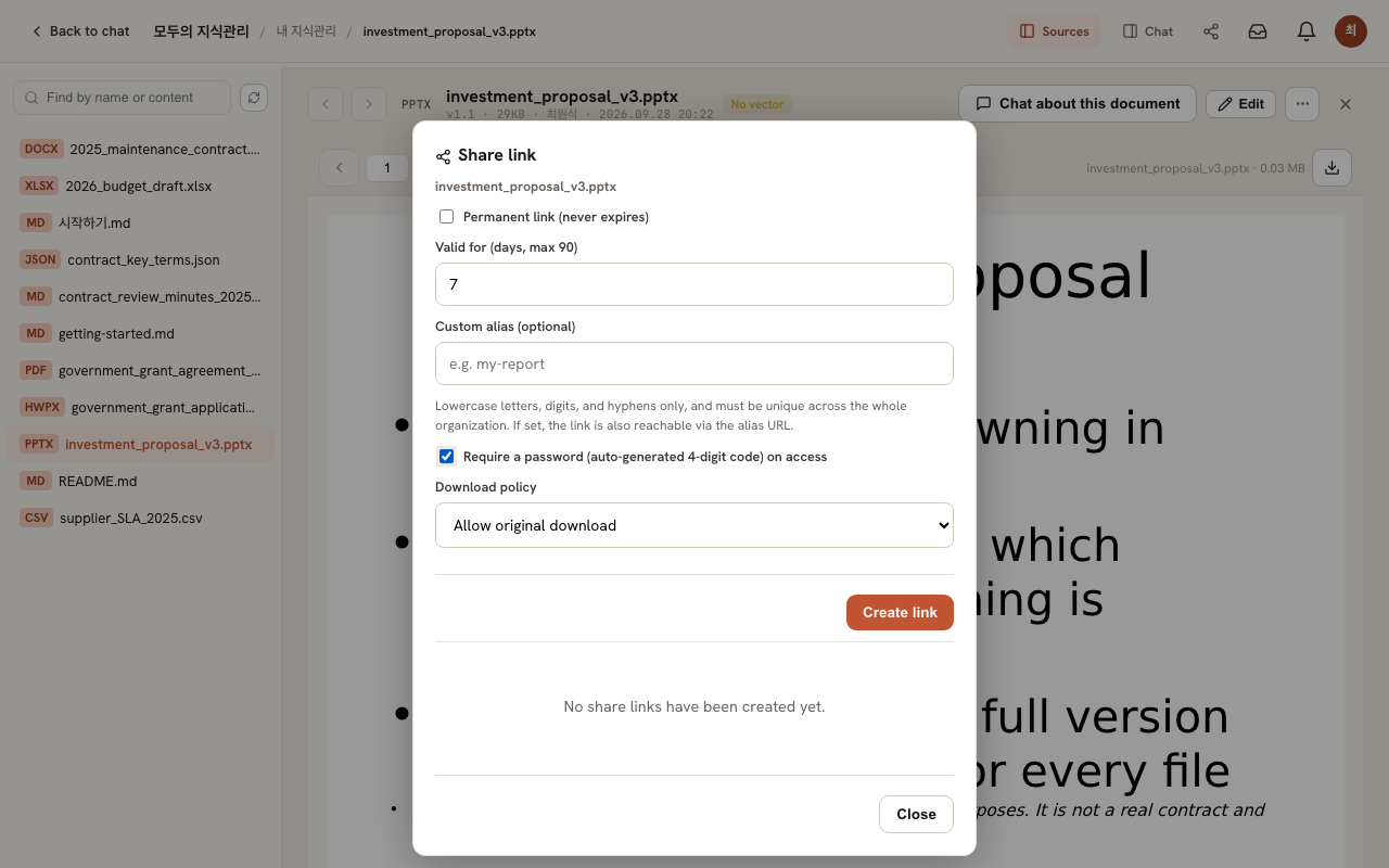 Share link dialog: expiry (in days, up to 90), password protection toggle, download policy (preview only, PDF only, original file) and a create-link button
