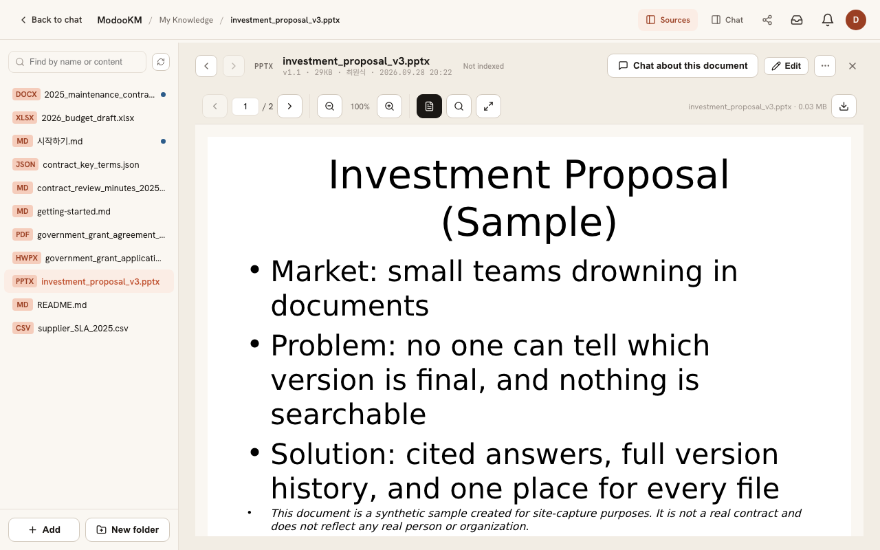 Document viewer screen: a list on the left shows files with DOCX, XLSX, JSON, MD, CSV, HWPX and PDF format badges, and a PowerPoint file is open page by page inside the browser